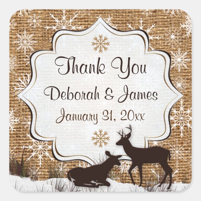 Rustic Burlap, Snowflakes Wedding Favour Sticker 2 (Front)