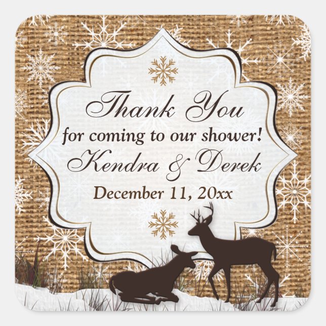 Rustic Burlap, Snowflakes Wedding Shower Sticker (Front)