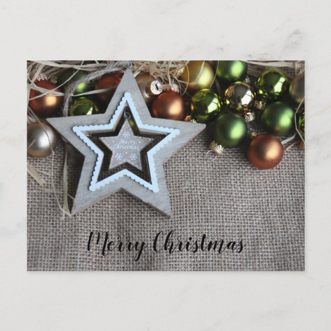 Rustic Burlap Star Gold Green Christmas Ornaments Postcard (Front)