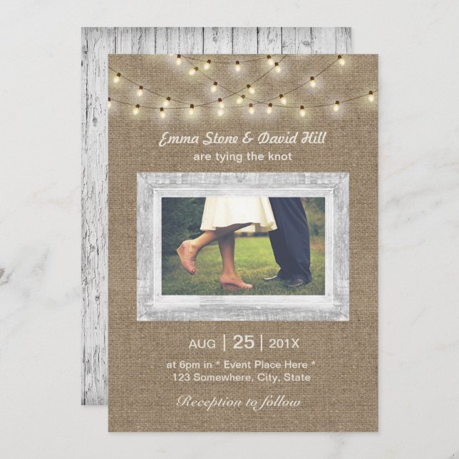 Rustic Burlap String Lights Elegant Photo Wedding Invitation (Front/Back)
