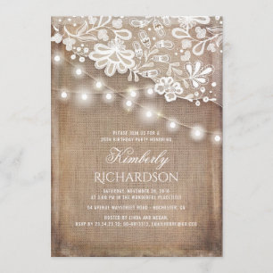 Rustic Burlap String Lights Lace Birthday Party Invitation