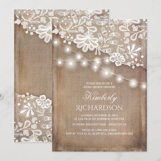 Rustic Burlap String Lights Lace Bridal Shower Invitation (Front/Back)