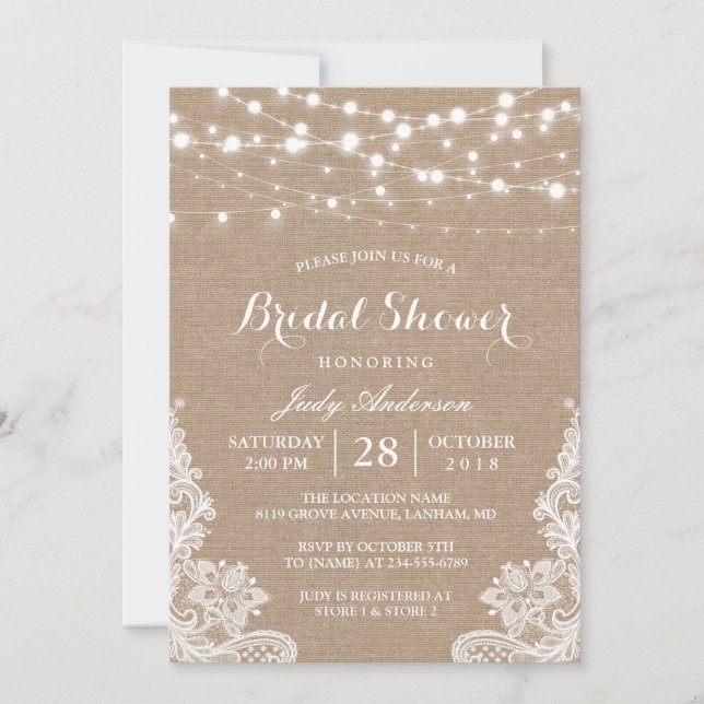 Rustic Burlap String Lights Lace Bridal Shower Invitation (Front)