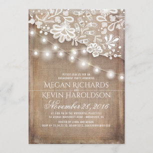 Rustic Burlap String Lights Lace Engagement Party Invitation