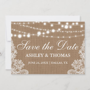 Rustic  Burlap String Lights Lace Save the Date