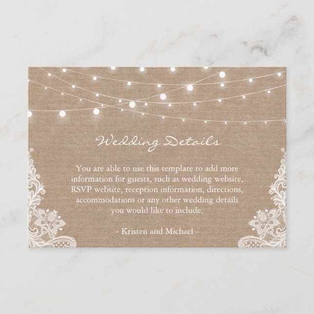 Rustic Burlap String Lights Lace Wedding Details Enclosure Card (Front)