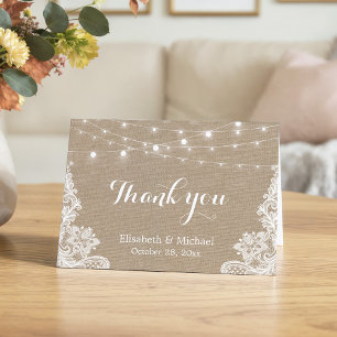 Rustic Burlap String Lights Lace Wedding Thank You Card