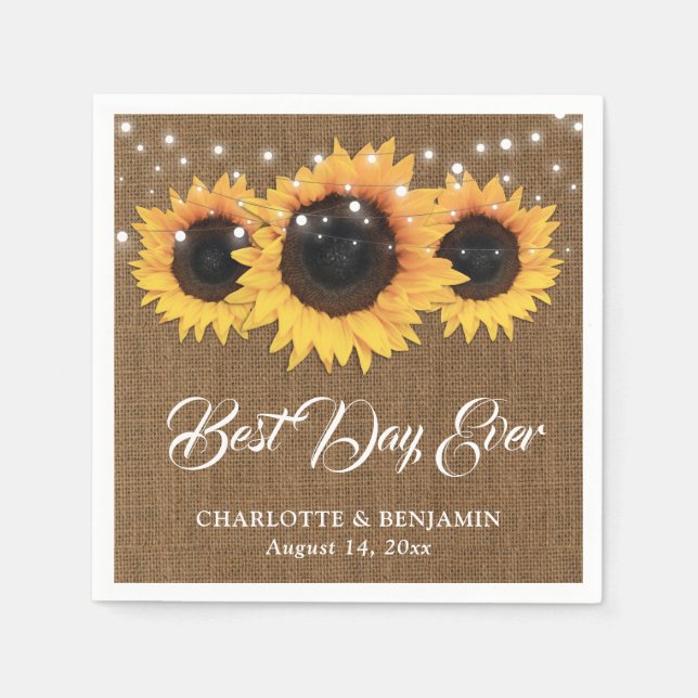 Rustic Burlap String Lights Sunflower Wedding Napkin (Front)