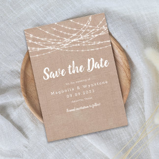 Rustic Burlap String Lights Wedding Save the Date