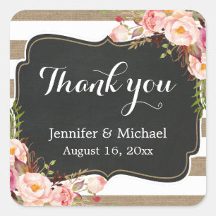 Rustic Burlap Striped Elegant Floral Thank You Square Sticker