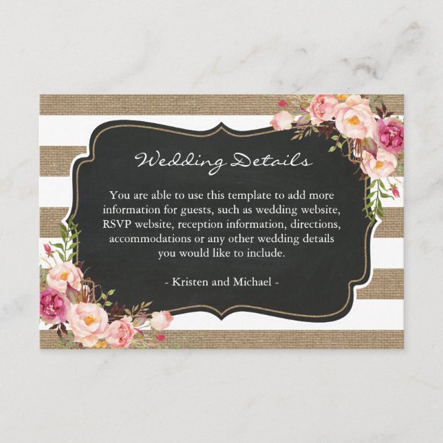 Rustic Burlap Stripes Floral Wedding Details Info Enclosure Card (Front)