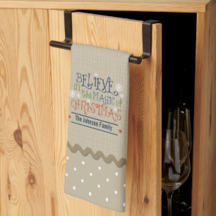Rustic Burlap Style Magic of Christmas Monogrammed Tea Towel