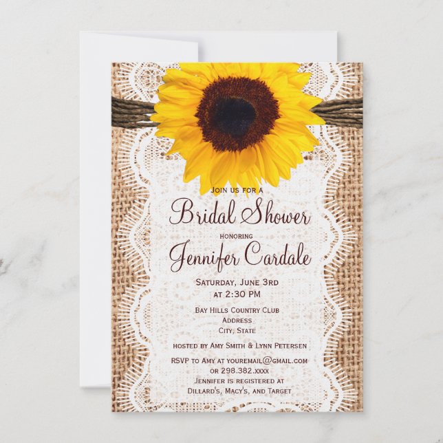 Rustic Burlap Sunflower Bridal Shower Invitations (Front)