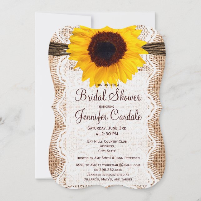 Rustic Burlap Sunflower Bridal Shower Invitations (Front)