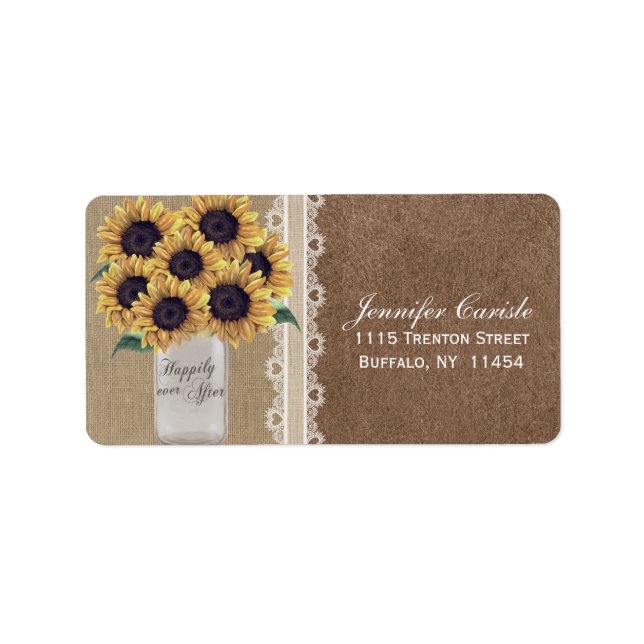 Rustic Burlap Sunflower Country Mason Jar Wedding Label (Front)