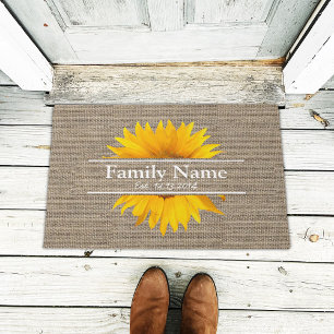 Rustic Burlap Sunflower Family Name Established Doormat