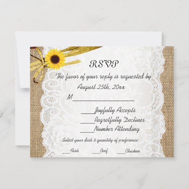 Rustic Burlap Sunflower Lace Wedding RSVP Card (Front)