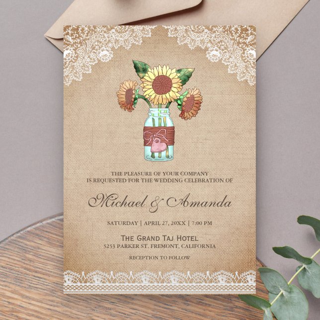 Rustic Burlap Sunflower Mason Jar Lace Wedding Invitation (Creator Uploaded)