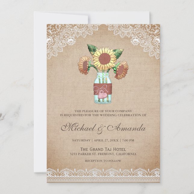 Rustic Burlap Sunflower Mason Jar Lace Wedding Invitation (Front)