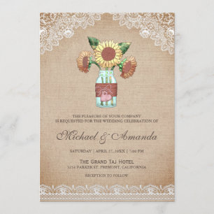 Rustic Burlap Sunflower Mason Jar Lace Wedding Invitation