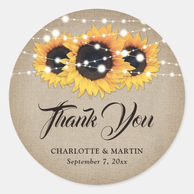 Rustic Burlap Sunflower Thank You Wedding Favor Classic Round Sticker (Front)