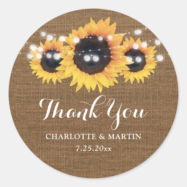 Rustic Burlap Sunflower Wedding Favour Classic Round Sticker (Front)