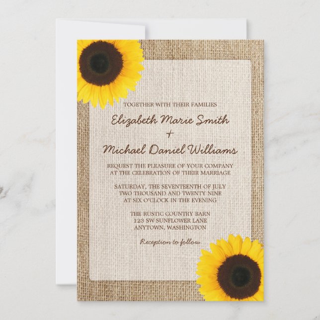 Rustic Burlap Sunflower Wedding Invitations (Front)