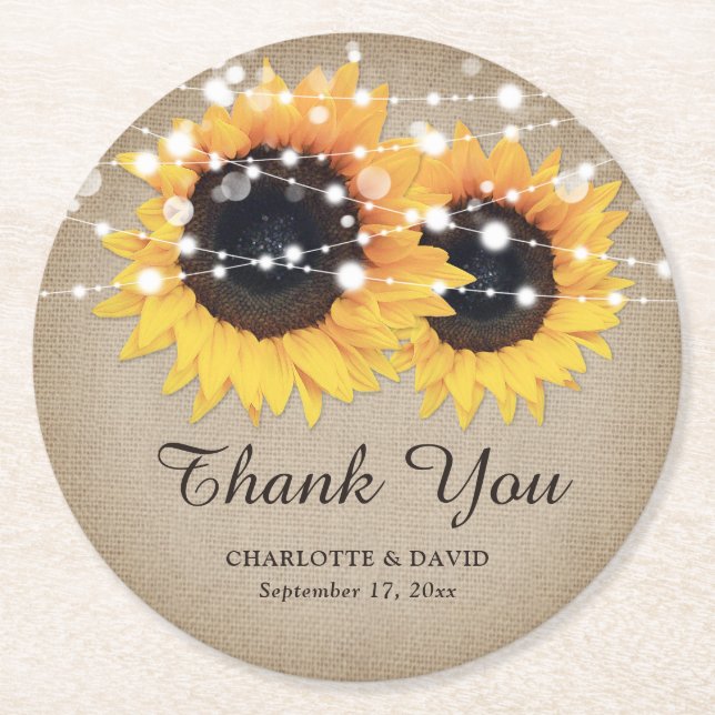 Rustic Burlap Sunflower Wedding Thank You Round Paper Coaster (Front)