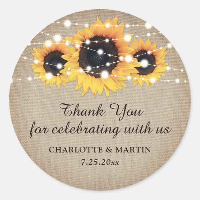 Rustic Burlap Sunflower Wedding Thank You Stickers (Front)
