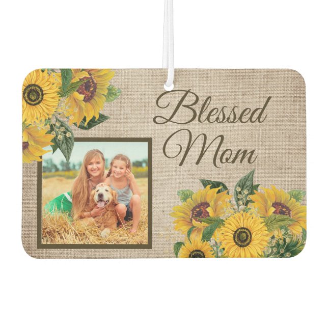 Rustic Burlap Sunflowers Blessed Mum Photo Car Air Freshener (Front)