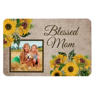 Rustic Burlap Sunflowers Blessed Mum Photo Magnet