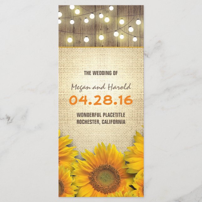 rustic burlap sunflowers lights wedding program programme (Front)