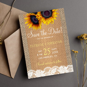 Rustic burlap sunflowers save the date wedding