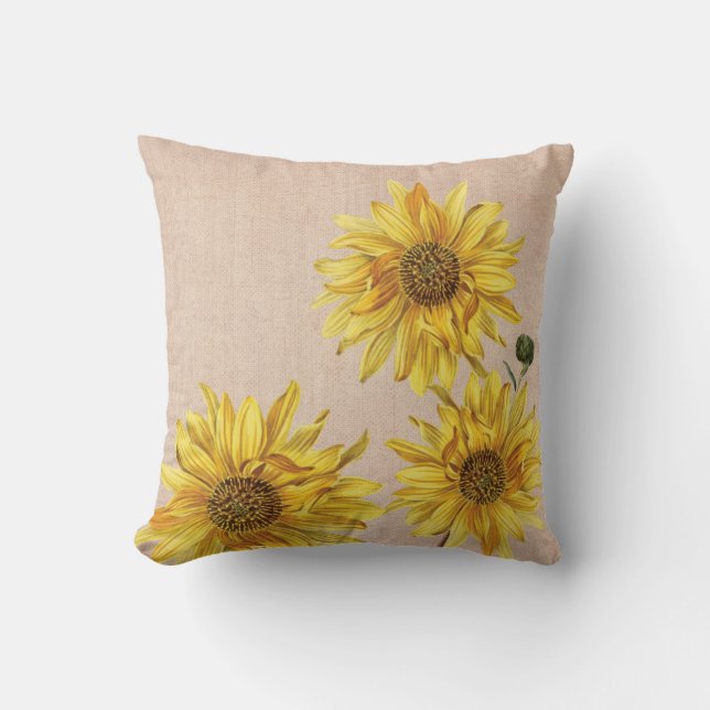 Rustic Burlap & Sunflowers Throw Pillow (Front)