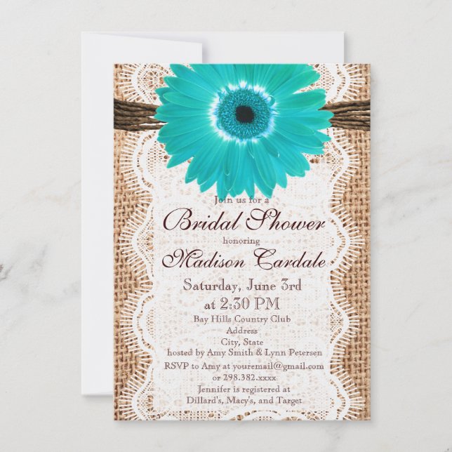 Rustic Burlap Teal Daisy Bridal Shower Invitations (Front)