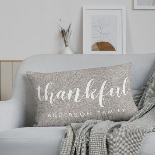 Rustic Burlap Thankful Personalised Family Name Lumbar Cushion