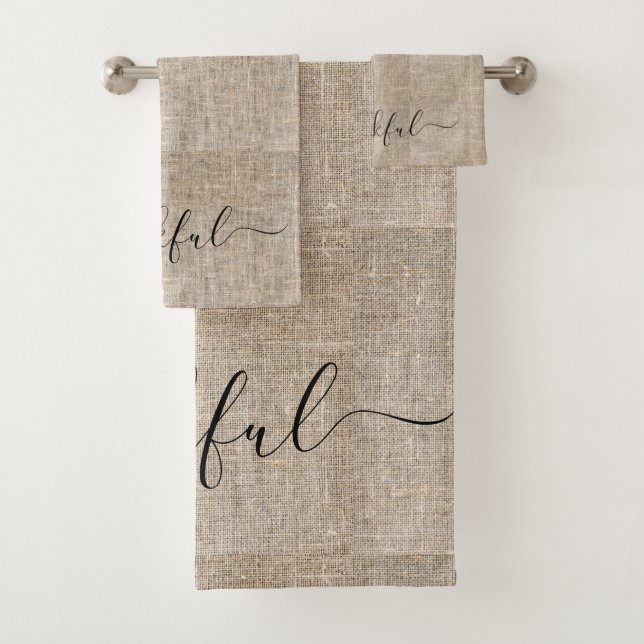 Rustic Burlap Thankful Thanksgiving Farmhouse Bath Towel Set (Insitu)