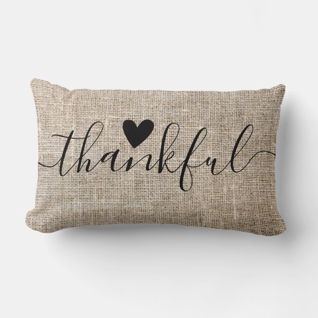 Rustic Burlap Thankful Thanksgiving Farmhouse Lumbar Cushion (Front)