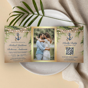 Rustic Burlap Tropical Palm Anchor QR Code Wedding Tri-Fold Invitation