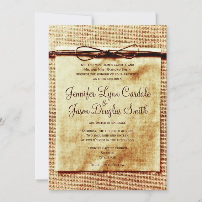 Rustic Burlap Twine Distressed Wedding Invitation (Front)