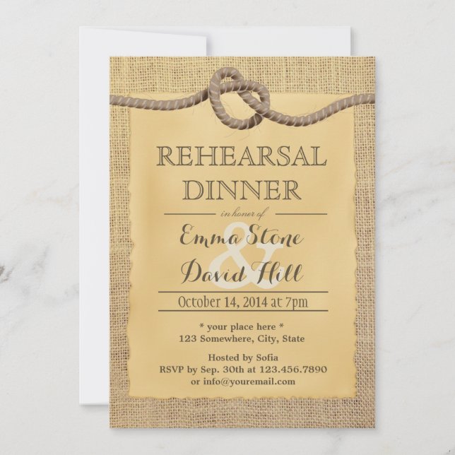 Rustic Burlap Tying the Knot Rehearsal Dinner Invitation (Front)