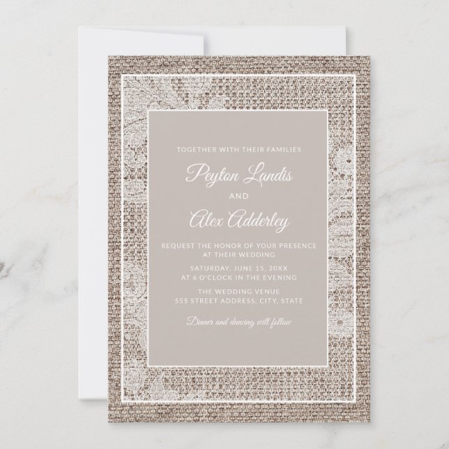 Rustic Burlap Vintage Elegant White Lace Wedding Invitation (Front)
