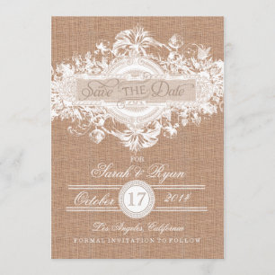 RUSTIC BURLAP VINTAGE FLOWER SAVE THE DATE
