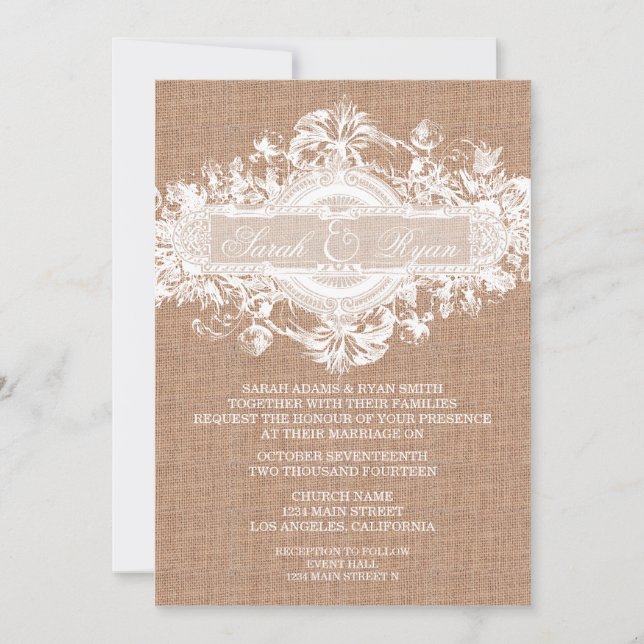RUSTIC BURLAP VINTAGE FLOWER WEDDING INVITATION (Front)