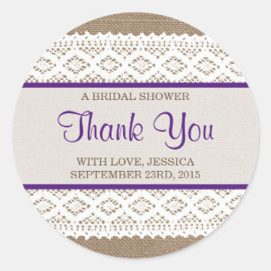 Rustic Burlap & Vintage White Lace Bridal Shower Classic Round Sticker