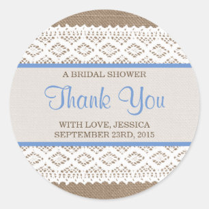 Rustic Burlap & Vintage White Lace Bridal Shower Classic Round Sticker
