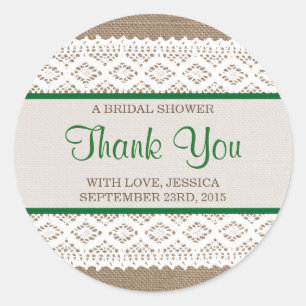 Rustic Burlap & Vintage White Lace Bridal Shower Classic Round Sticker