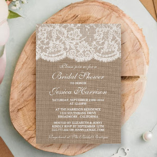 Rustic Burlap & Vintage White Lace Bridal Shower Invitation