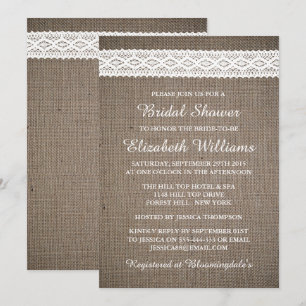 Rustic Burlap & Vintage White Lace Bridal Shower Invitation