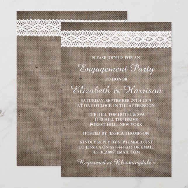 Rustic Burlap, Vintage White Lace Engagement Party Invitation (Front/Back)